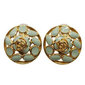 Gold Tone Mint Green Enamel Flower Post Earrings With Rose Detail